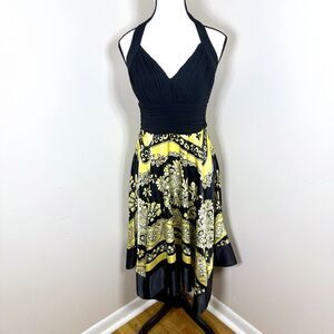 Signature‎ by Sangria Women Halter Midi Dress 10 Black Yellow Floral Scarf Print
